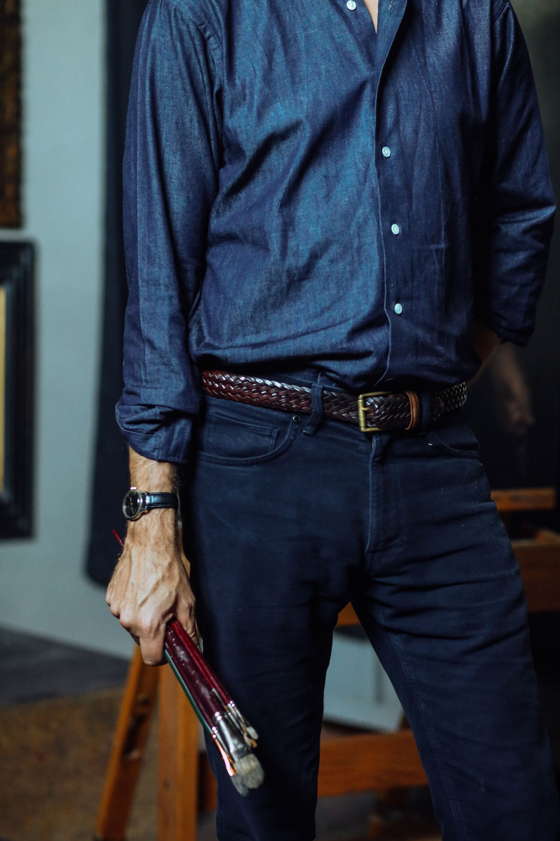 Fox Dark Chambray Blue Plain Collar Casual Shirt