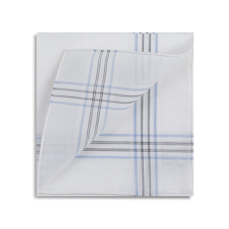 Simonnot Godard "Aran" Pocket Square in White with Blue & Black Check