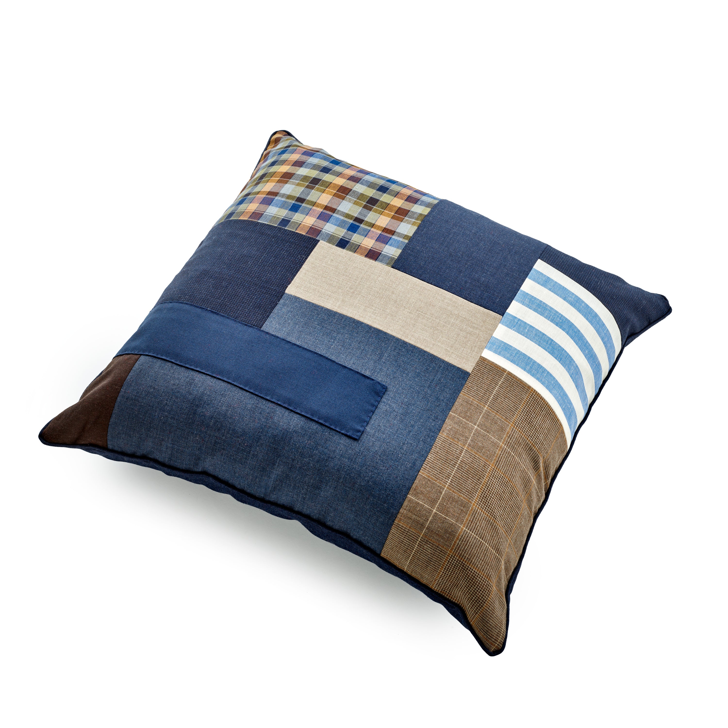 Fox Worsted Tuscany Patchwork Blue & Tan Cushion Cover