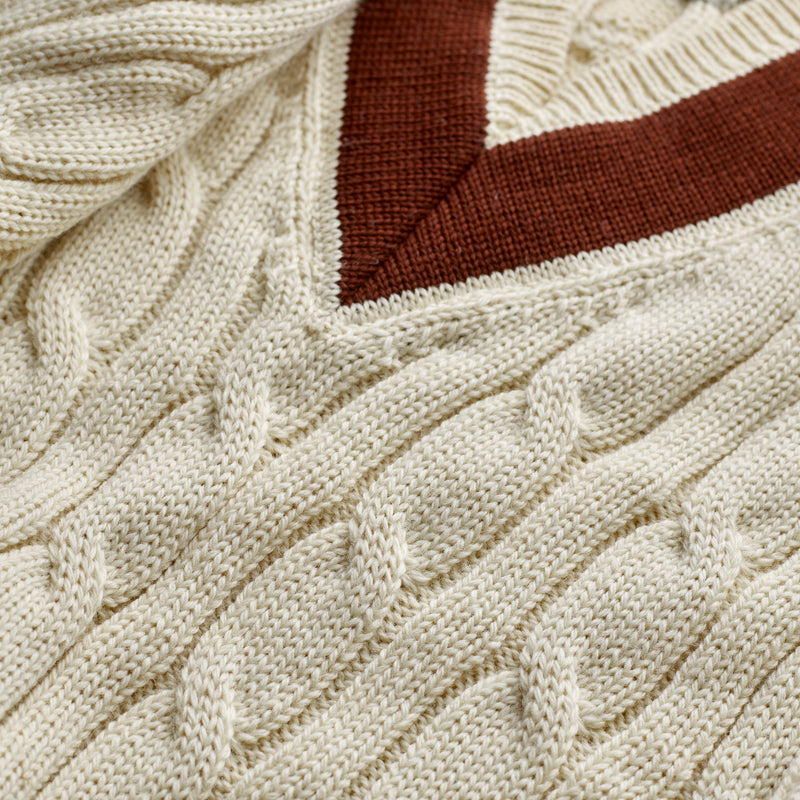 Fox Cricket Club Ecru Sweater with Suede Brown Stripes