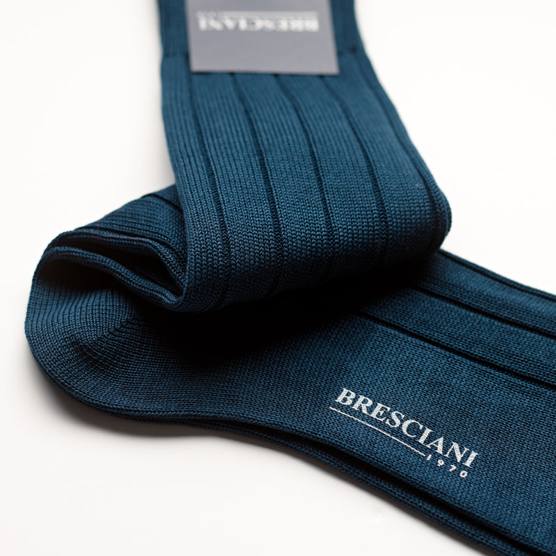 Bresciani Short Sock with Large Rib: Prussian Blue