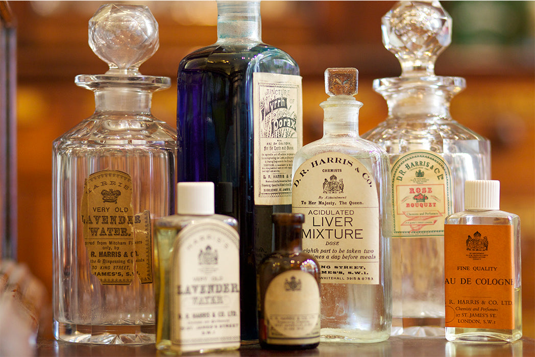 Eau de Cologne, Lavender Water and other Assorted Glass Bottles of various different sizes 