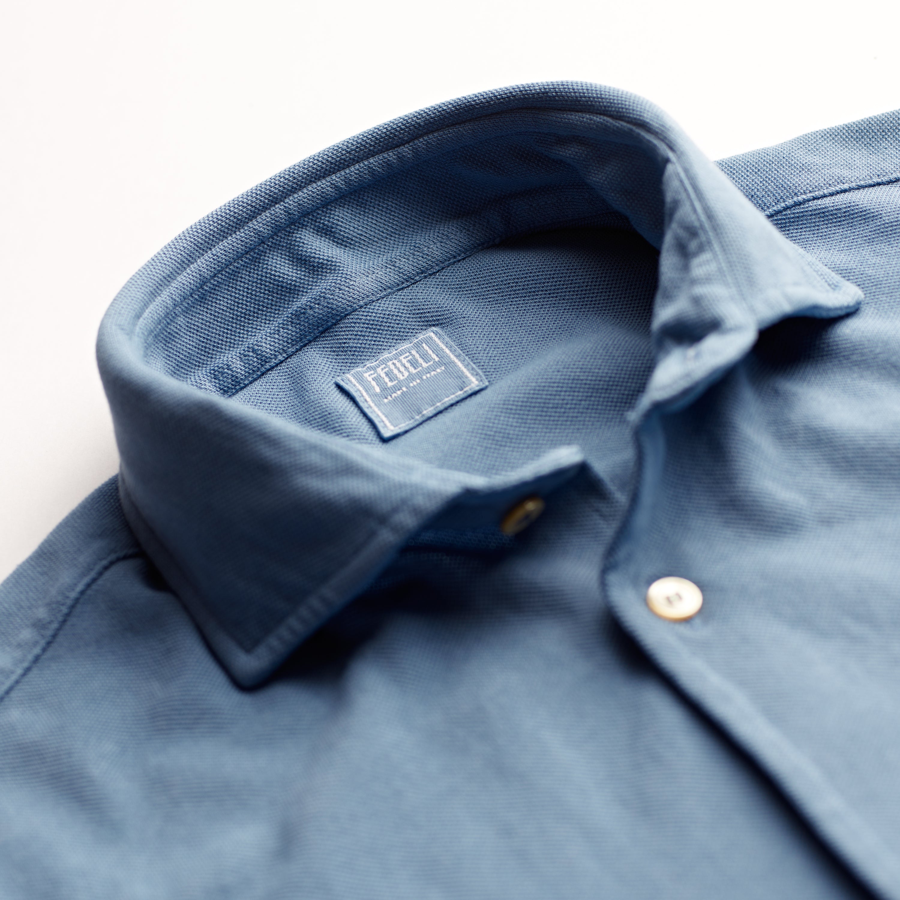 Fedeli Classic Long Sleeve Knitted Pique Polo Shirt Sky Blue Collar