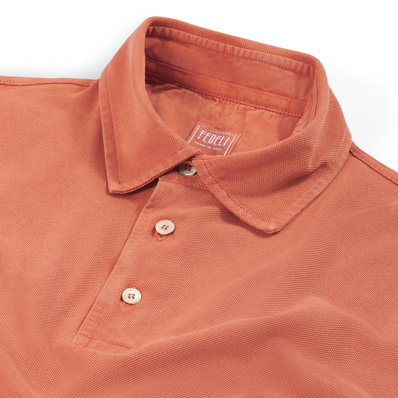 Fedeli Classic Short Sleeve Knitted Piqué Polo Shirt in Terracotta
