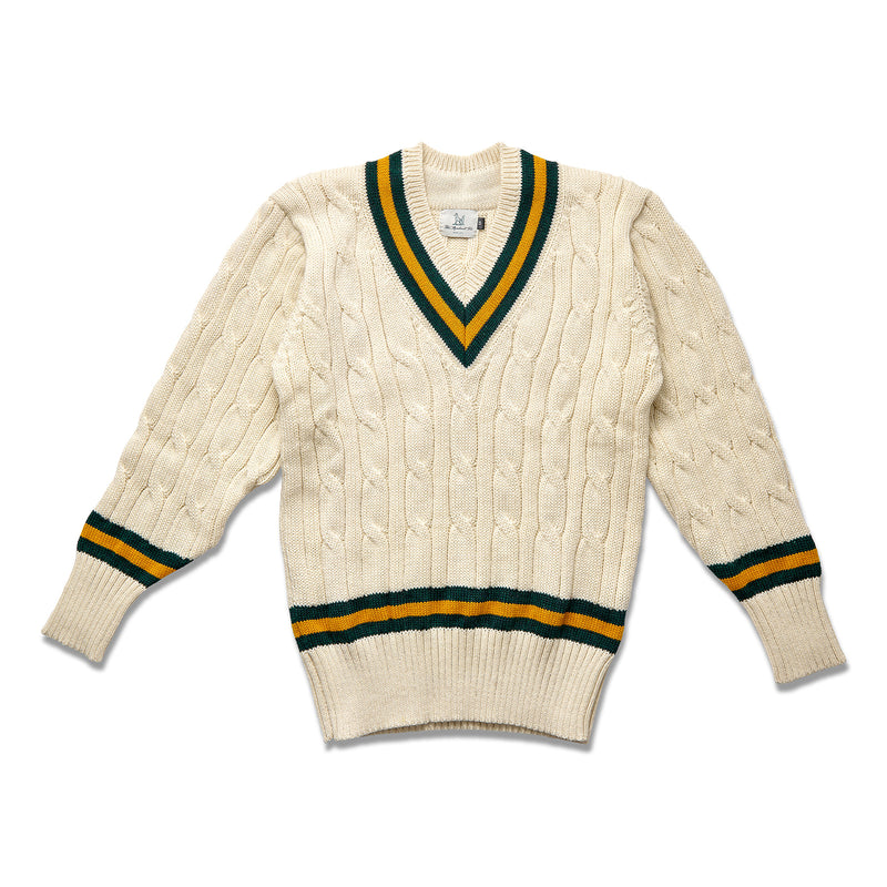 Fox Cricket Club Ecru Sweater with Green & Gold Stripes