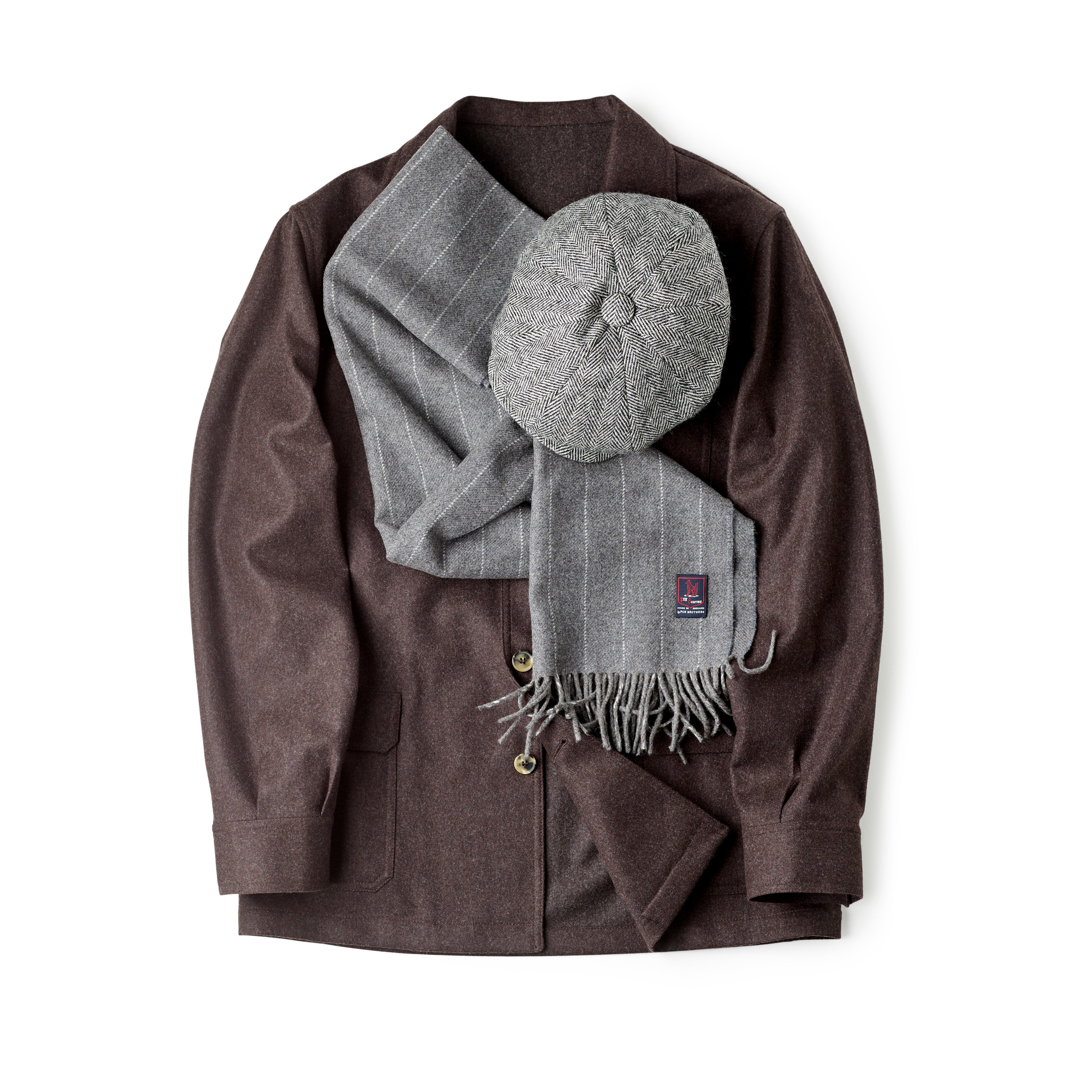 Fox Grey Pinstripe Cashmere & Merino Wool Scarf, pictured with a Jacket & Hat