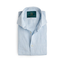 Spread Collar Linen Shirt in White & Light Blue Stripes