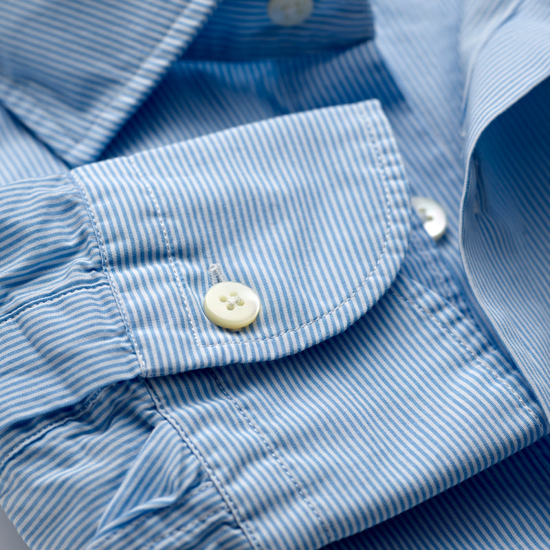 Spread Collar Cotton Shirt in White & Light Blue Thin Stripes