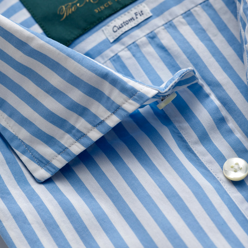 Spread Collar Cotton Shirt in White & Light Blue Bengal Stripes