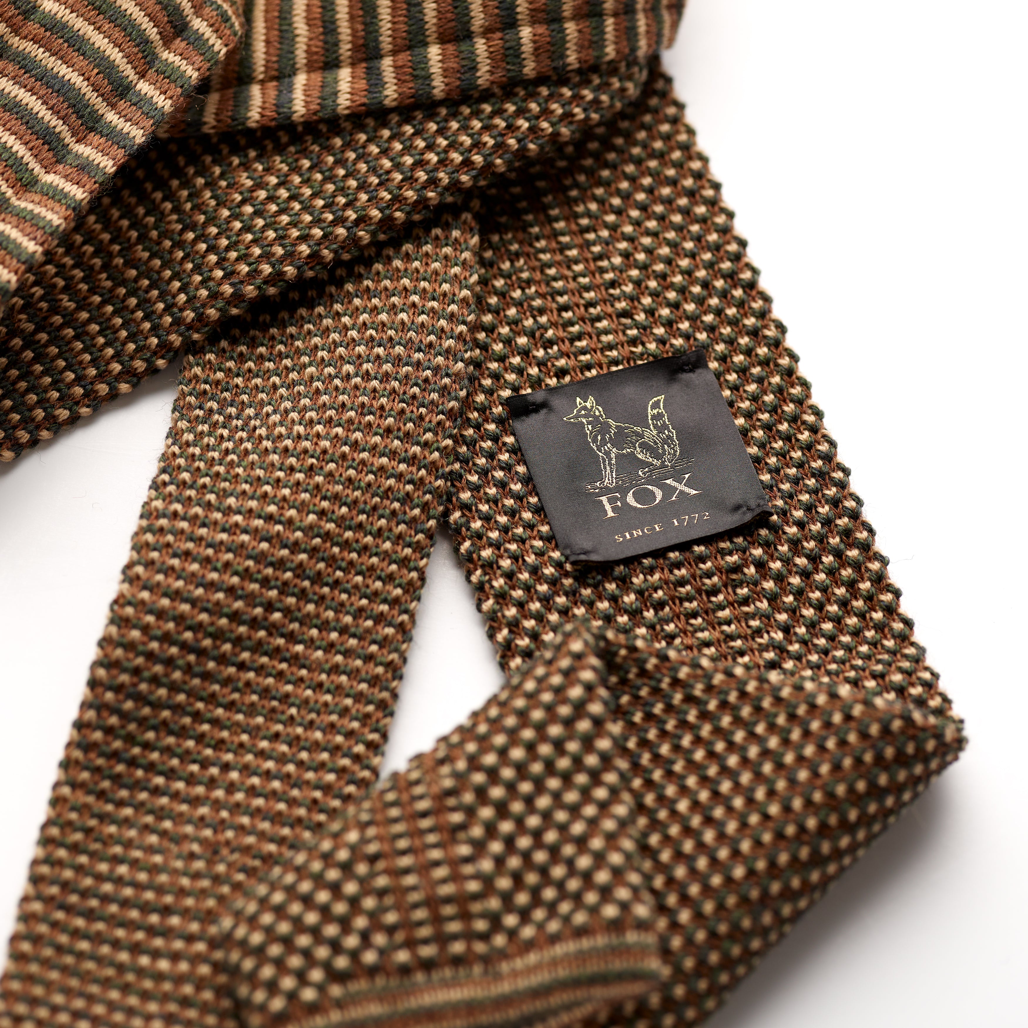 Mushroom, Cappuccino and Khaki Green Spot Wool Knitted Tie Label