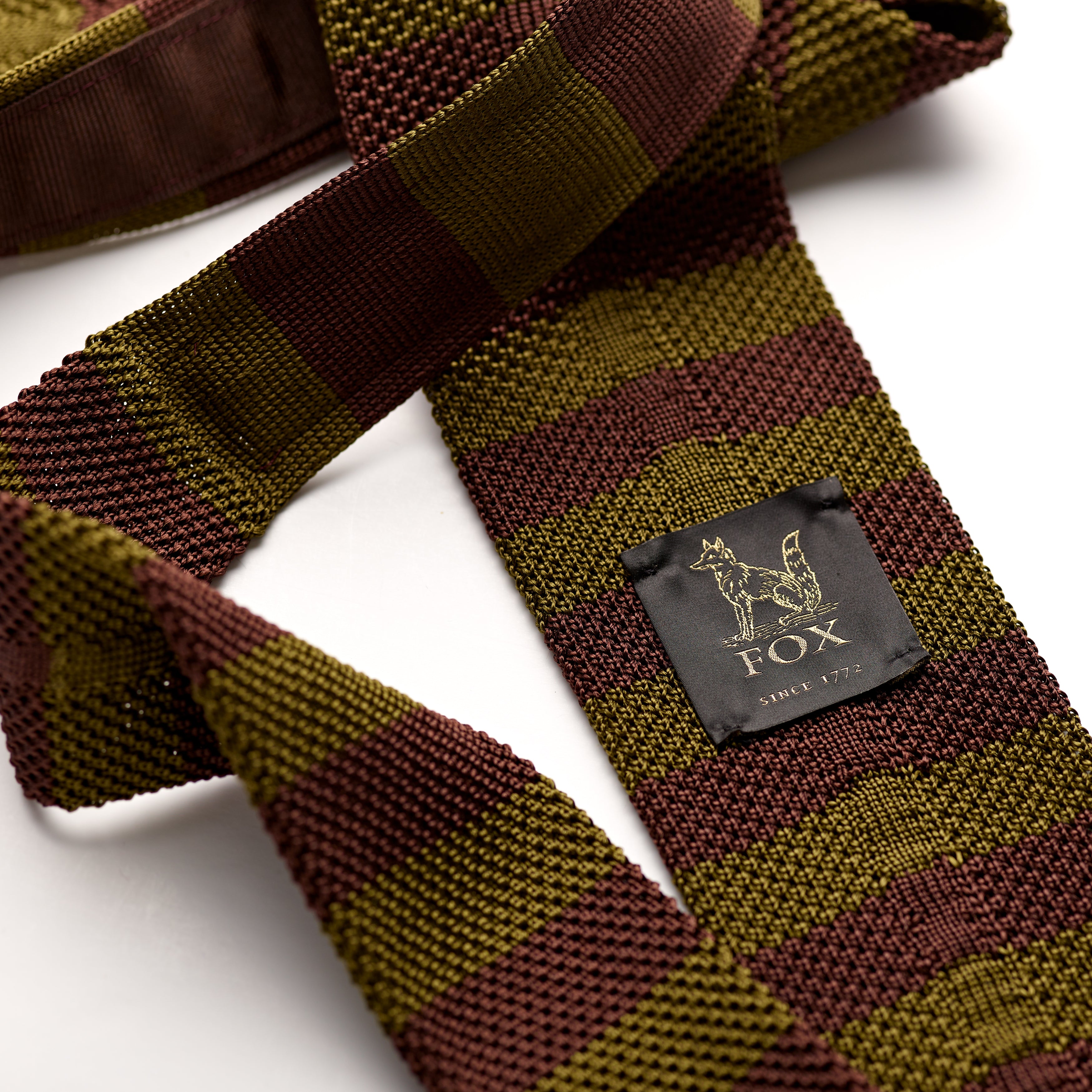 Chocolate Brown and Khaki Green Silk Stripe Knitted Tie Label
