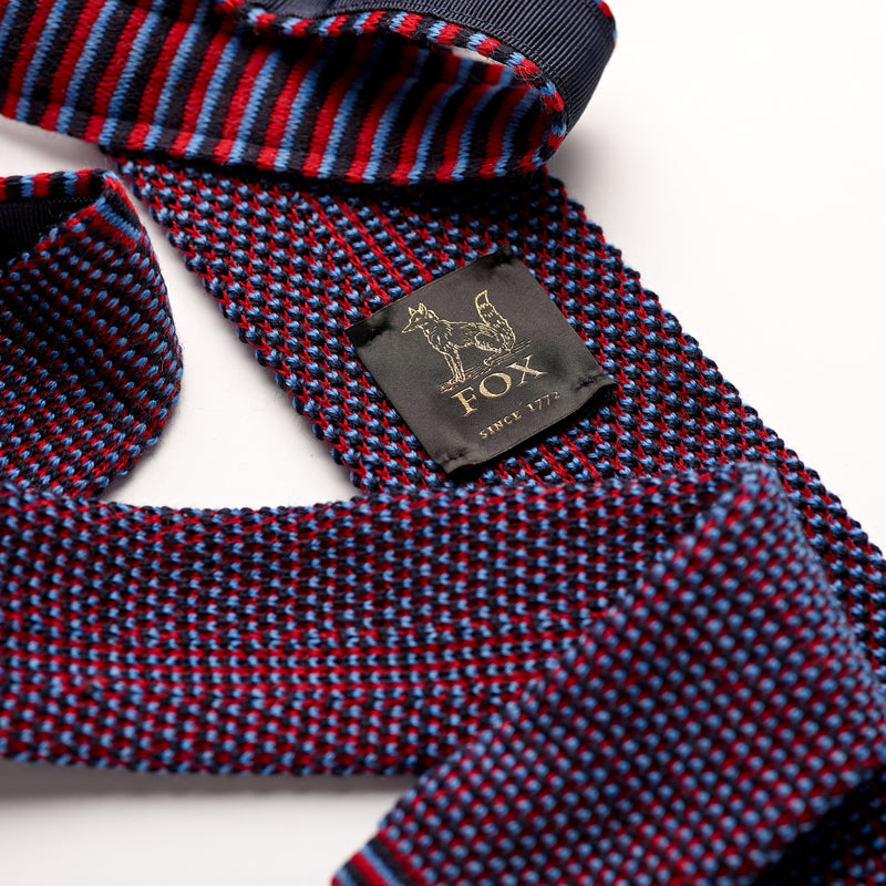Crimson Red, Sky Blue and Black Spot Wool Knitted Tie Label