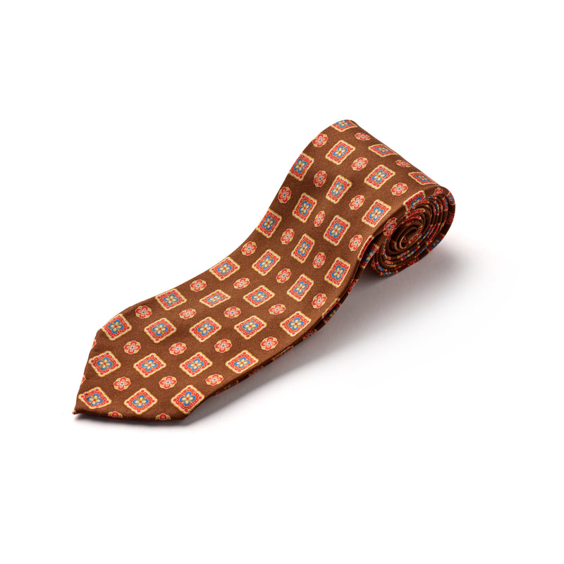 F. Marino 3 Fold Silk Tie in Chocolate Foulard