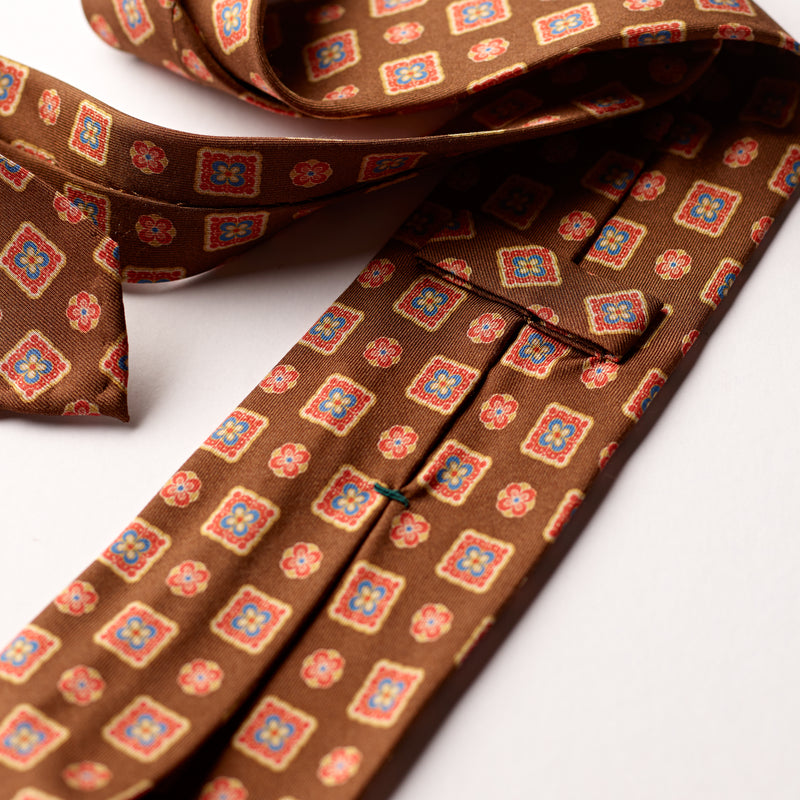F. Marino 3 Fold Silk Tie in Chocolate Foulard