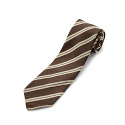 Paolo Albizzati 3 fold Chocolate brown with wide ecru double stripe silk boucle tie