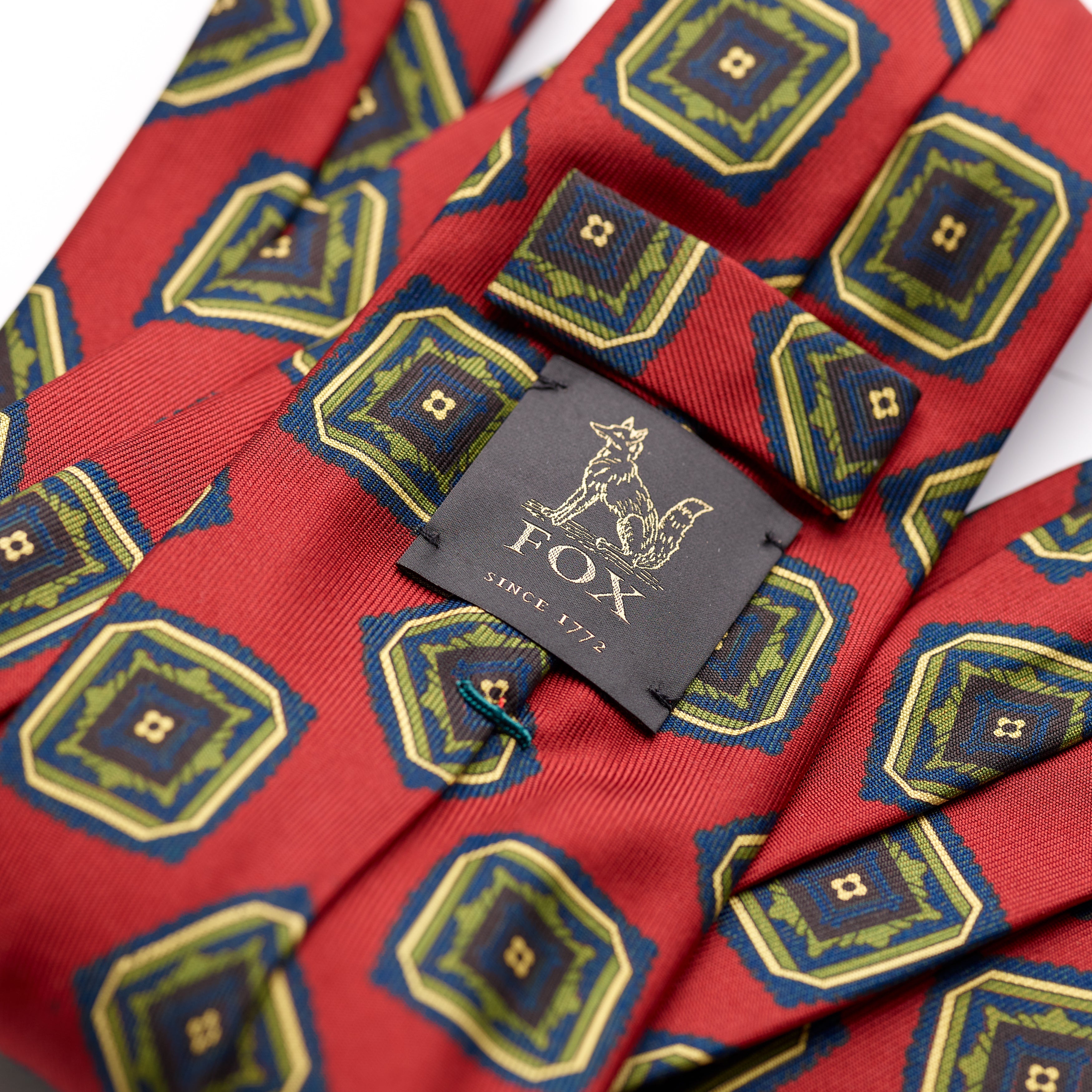 Fox British Silk Maroon Red, Lime Green and Royal Blue Foulard Tie