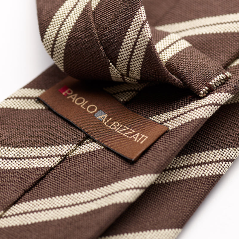 Paolo Albizzati 3 fold Chocolate brown with wide ecru double stripe silk boucle tie