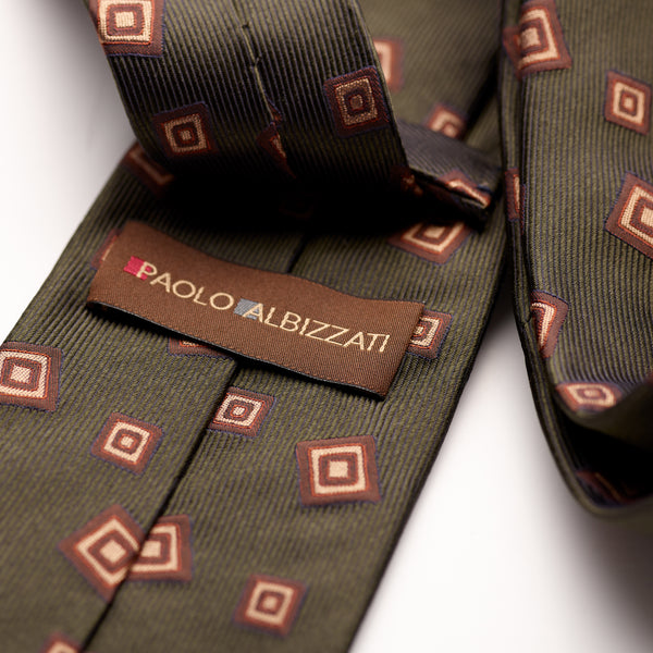 Paolo Albizzati 3 fold Forest Green with large brown foulard woven silk tie.