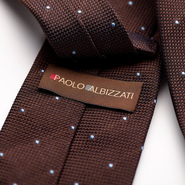 Paolo Albizzati 3 fold Chocolate brown with sky blue polka dot grenadine silk tie Loop & Label