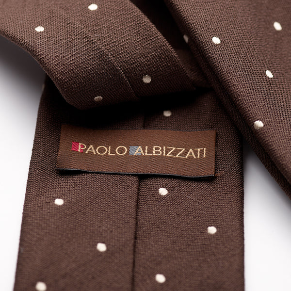 Paolo Albizzati 3 fold Chocolate brown with ecru polka dot silk boucle tie