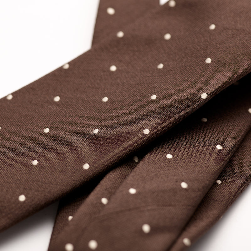 Paolo Albizzati 3 fold Chocolate brown with ecru polka dot silk boucle tie